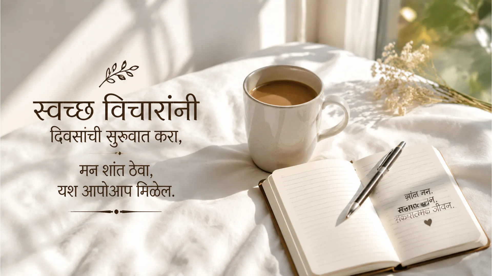 White coffee mug on a white bedsheet with morning sunlight and Marathi text
