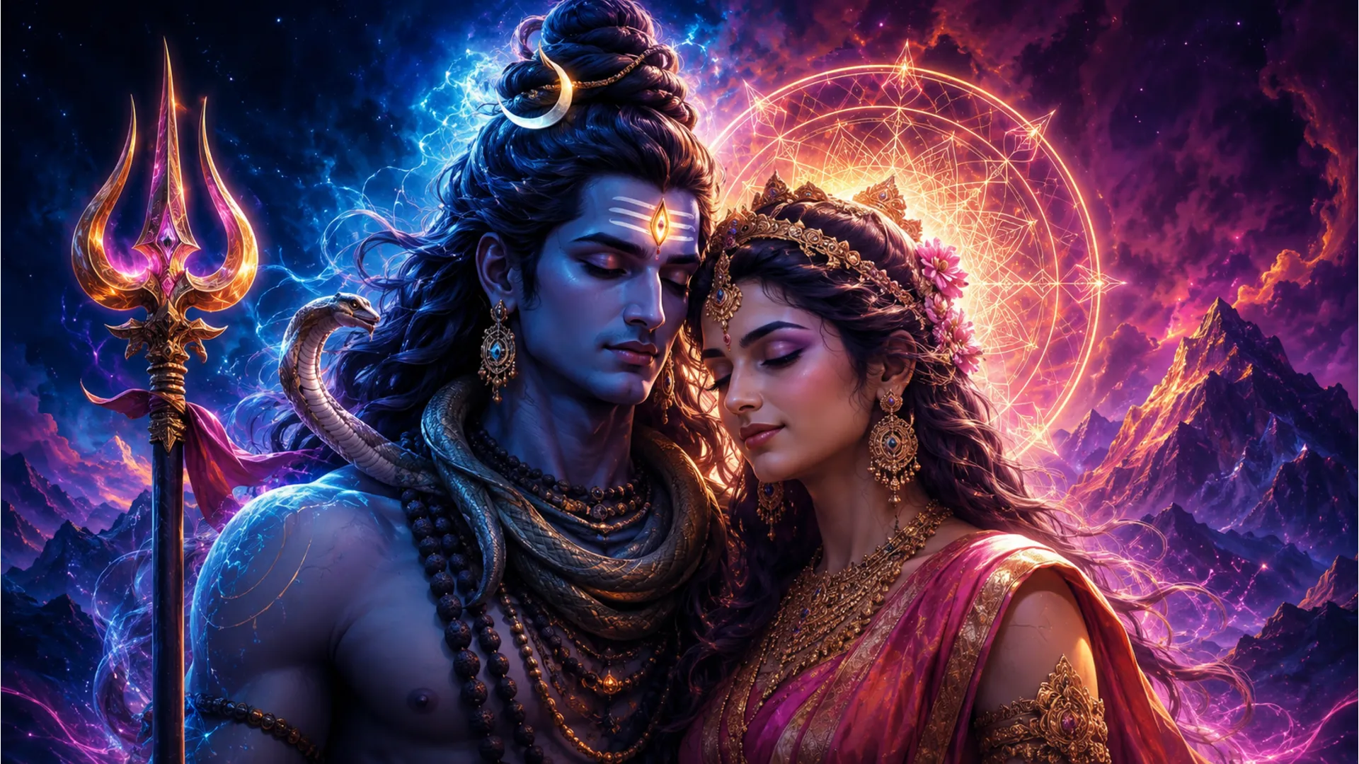 Contemporary digital painting of Shiva and Parvati with glowing neon accents.