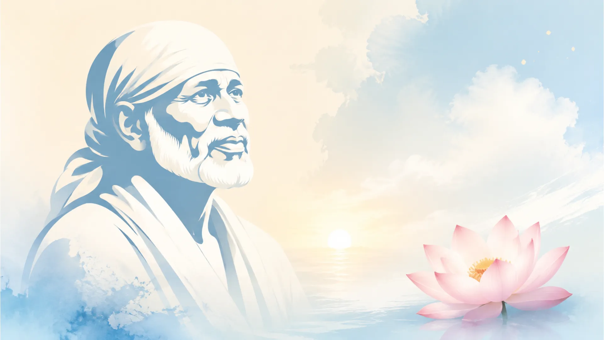 Minimalist vector art of Shirdi Sai Baba with a cup of morning tea and a calm white background.