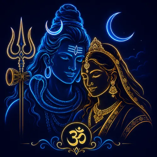 Vibrant neon lighting artwork of Lord Shiva and Mata Parvati.