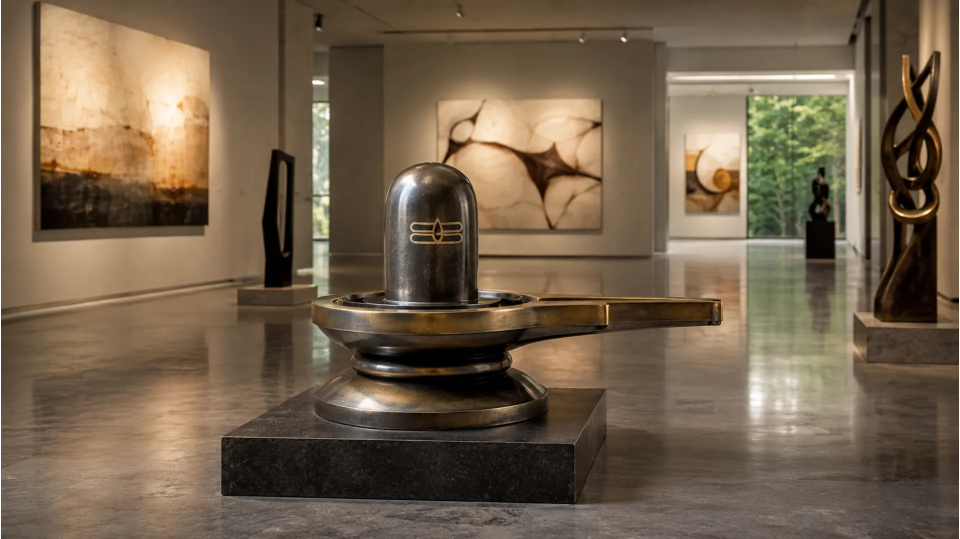 Full-HD photo of a minimalist metal Shivling integrated into a modern art installation, with contemporary paintings and sculptures in the background, symbolizing the timeless relevance of Shiva.
