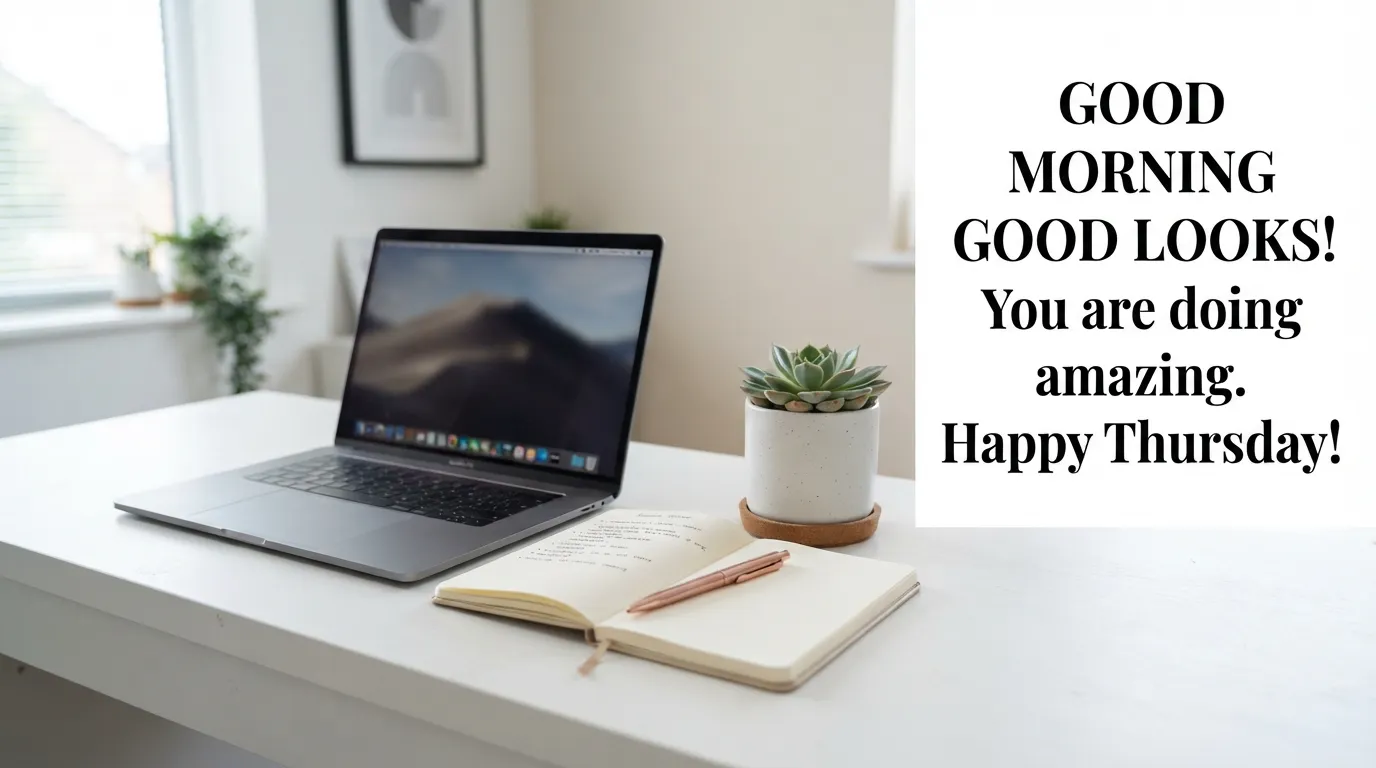 Minimalist desk setup with a laptop, notebook, and a Thursday morning quote.