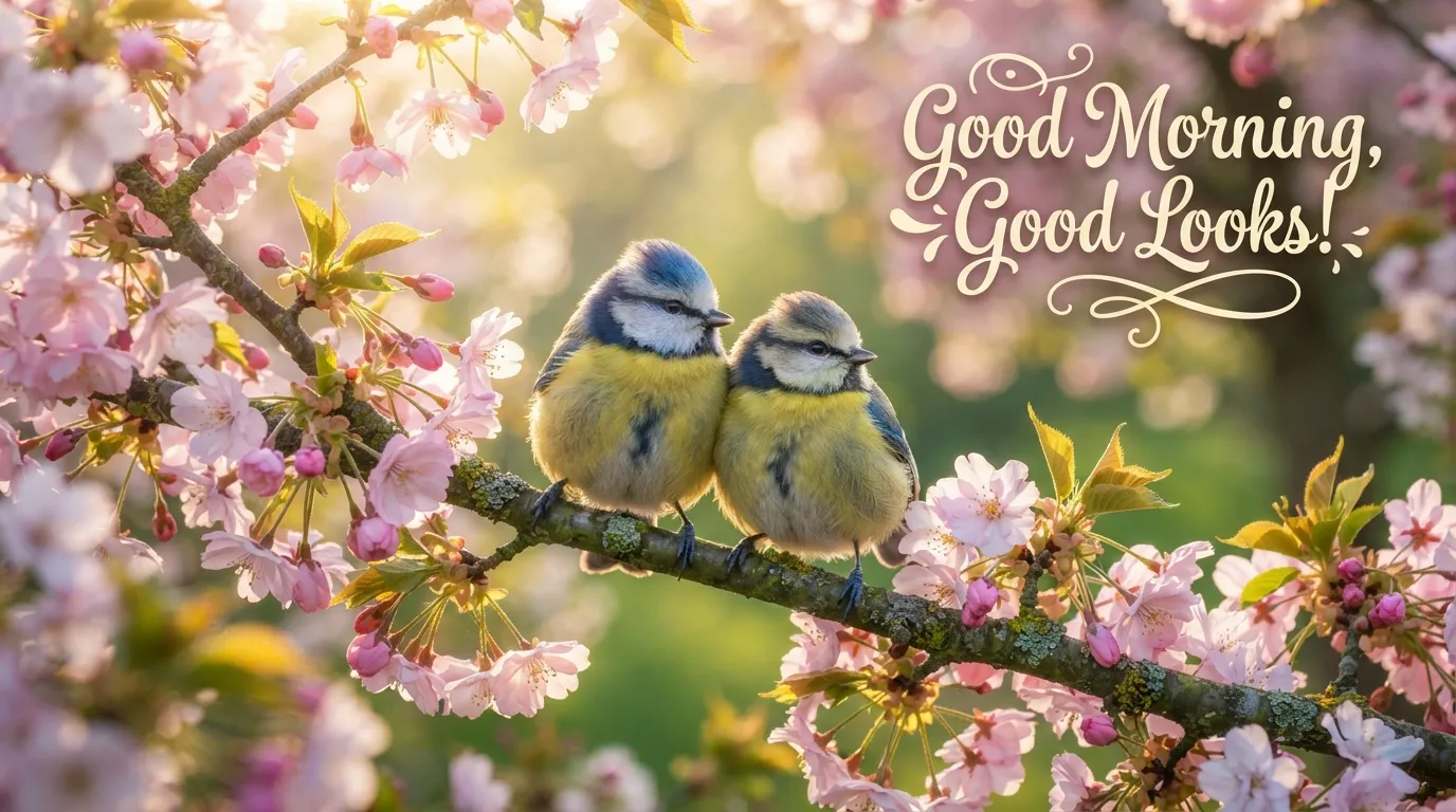 Two cute birds sitting on a flowering branch in the morning.