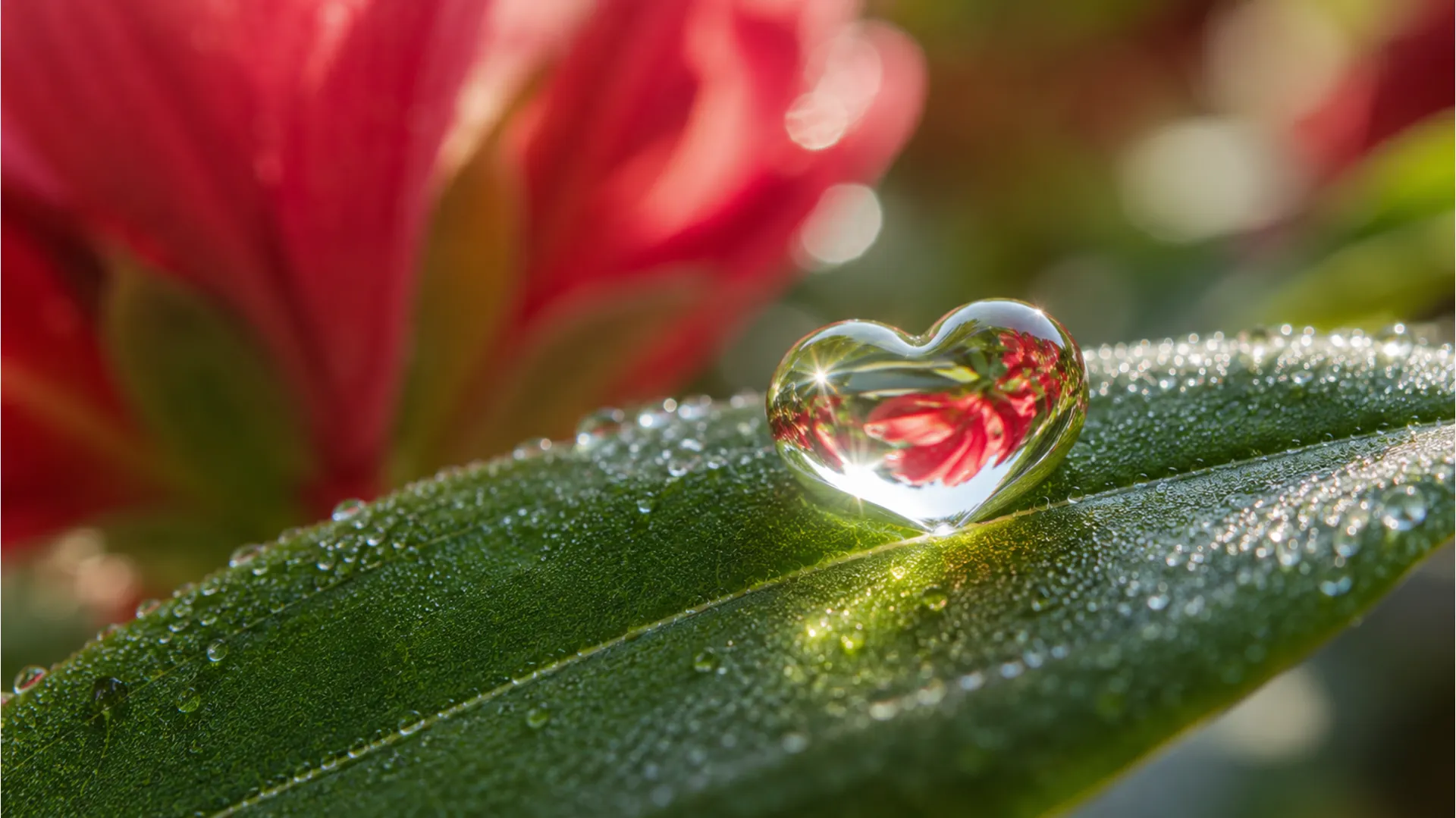 Close-up macro shot of a heart-shaped water dew drop resting on a green leaf with bright morning sunlight.