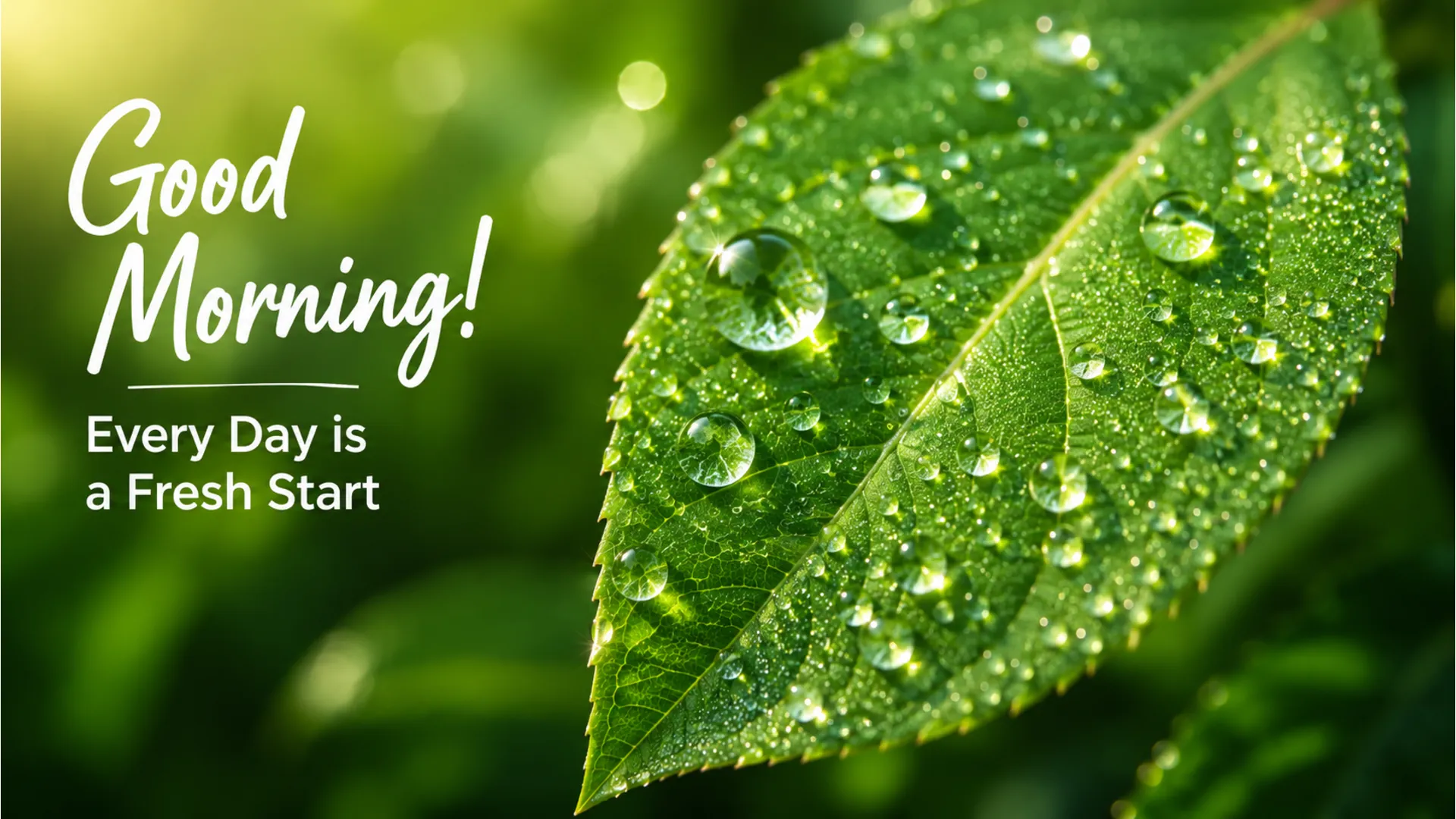 A macro shot of a single green leaf covered in sparkling morning dew drops.