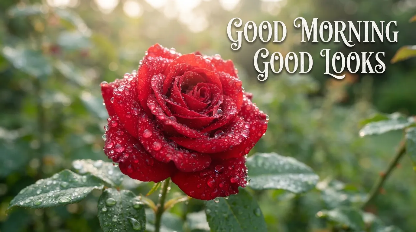 A close-up of a red rose covered in morning dew with text overlay Good Morning Good Looks.