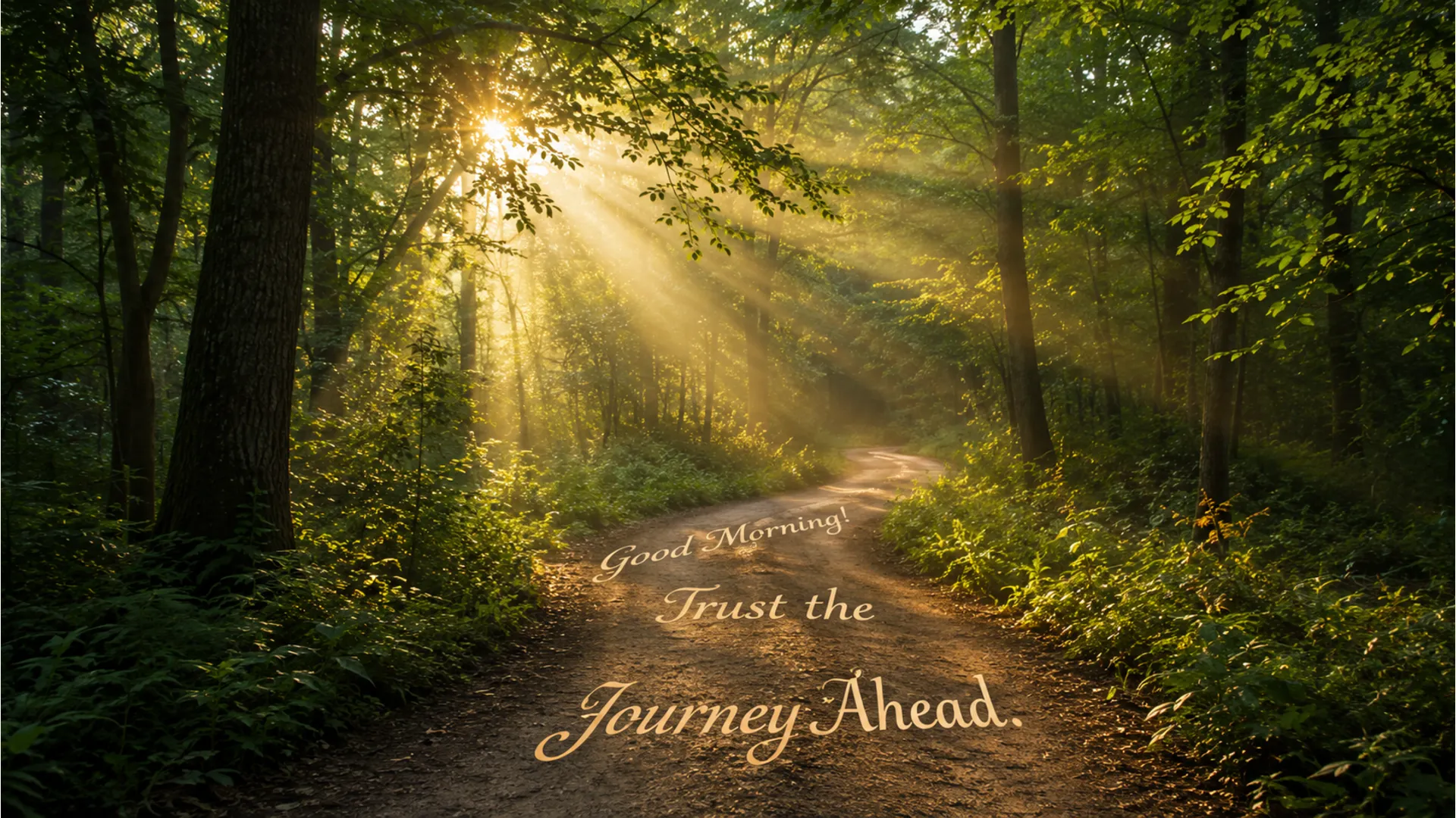 A beautiful dirt path winding through a lush green forest with morning sunbeams.