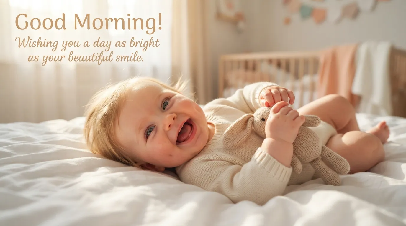 A cute smiling baby lying in a crib with morning sunlight on their face, good morning text overlay.