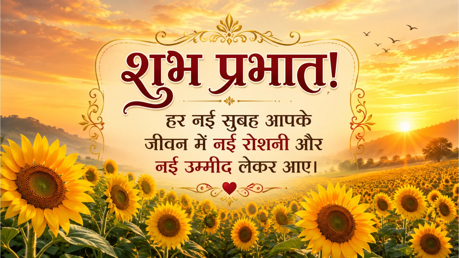 Bright sunflowers facing the morning sun with positive Hindi wish