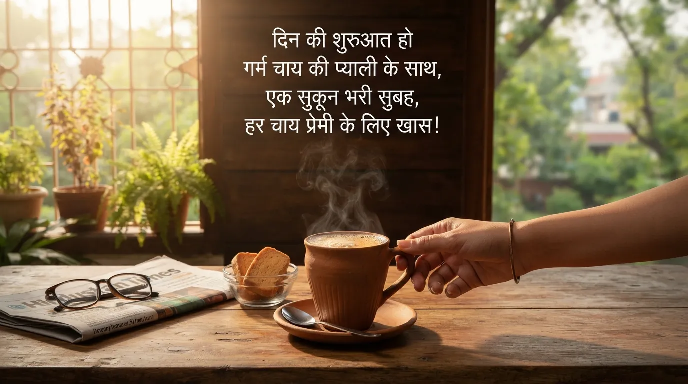 Hot cup of tea on a wooden table with Good Morning Hindi text