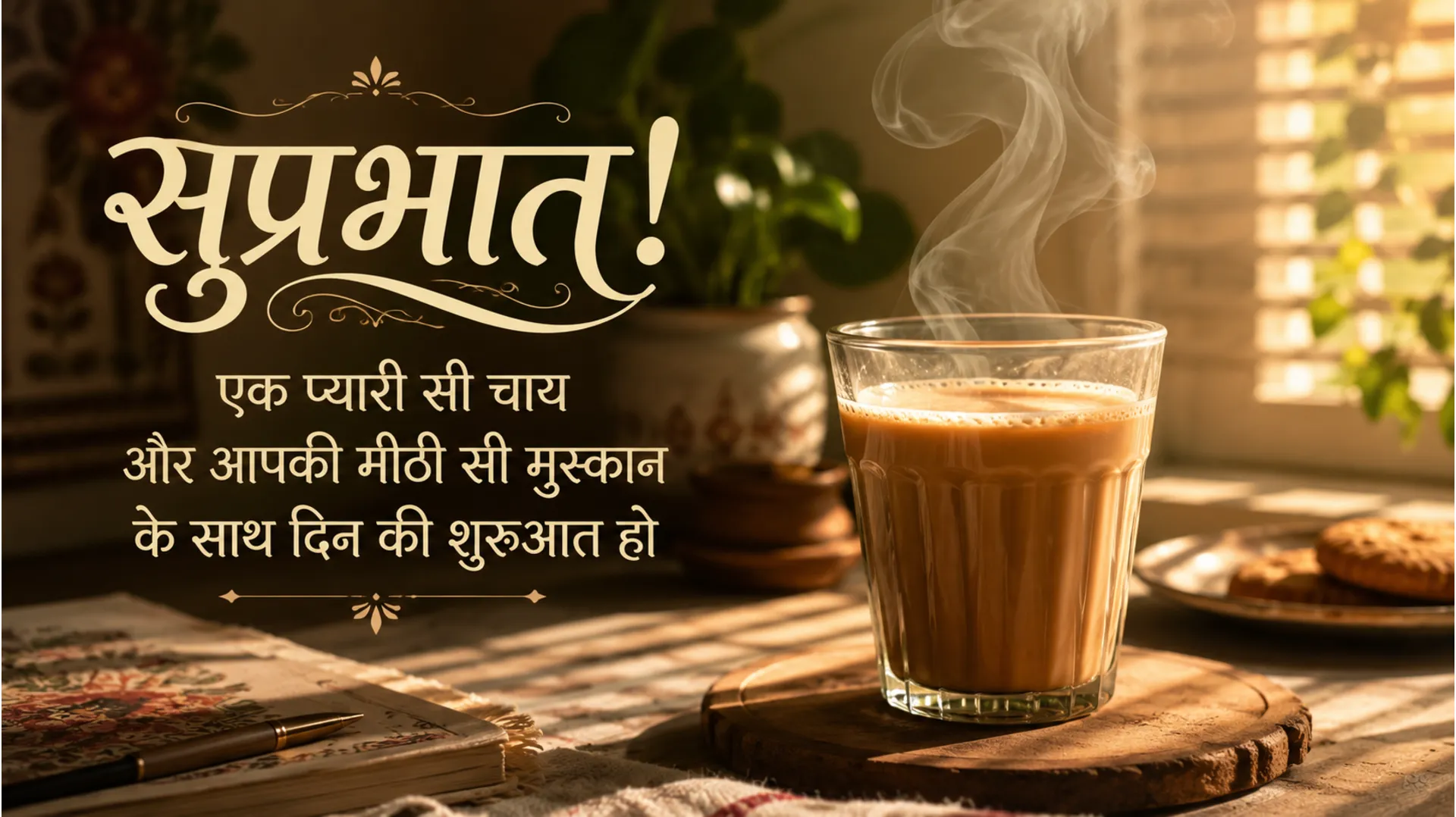 Traditional Indian morning tea cup with beautiful Hindi good morning wishes.