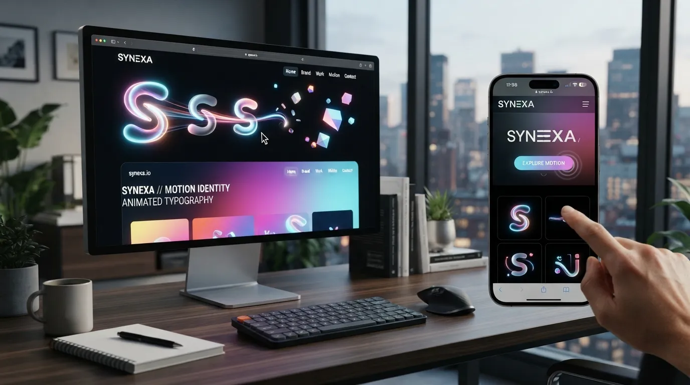 Dynamic digital screen displaying a motion-led brand identity system with kinetic 3D typography and subtle interactive visual assets.