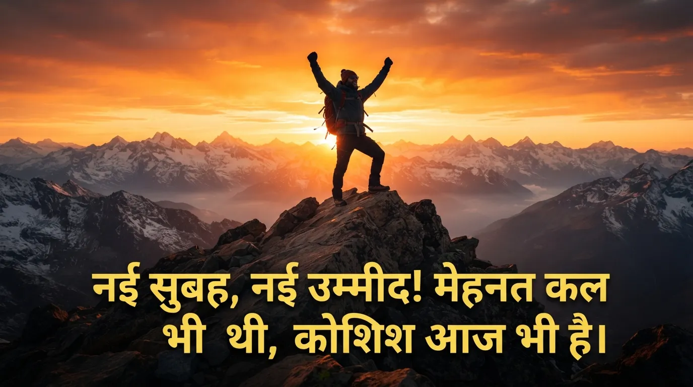 A motivational morning scene with an inspiring quote in Hindi text.
