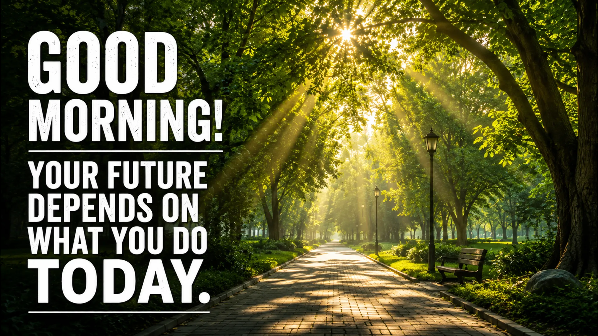 A sun-drenched park pathway lined with lush green trees for a motivational morning.