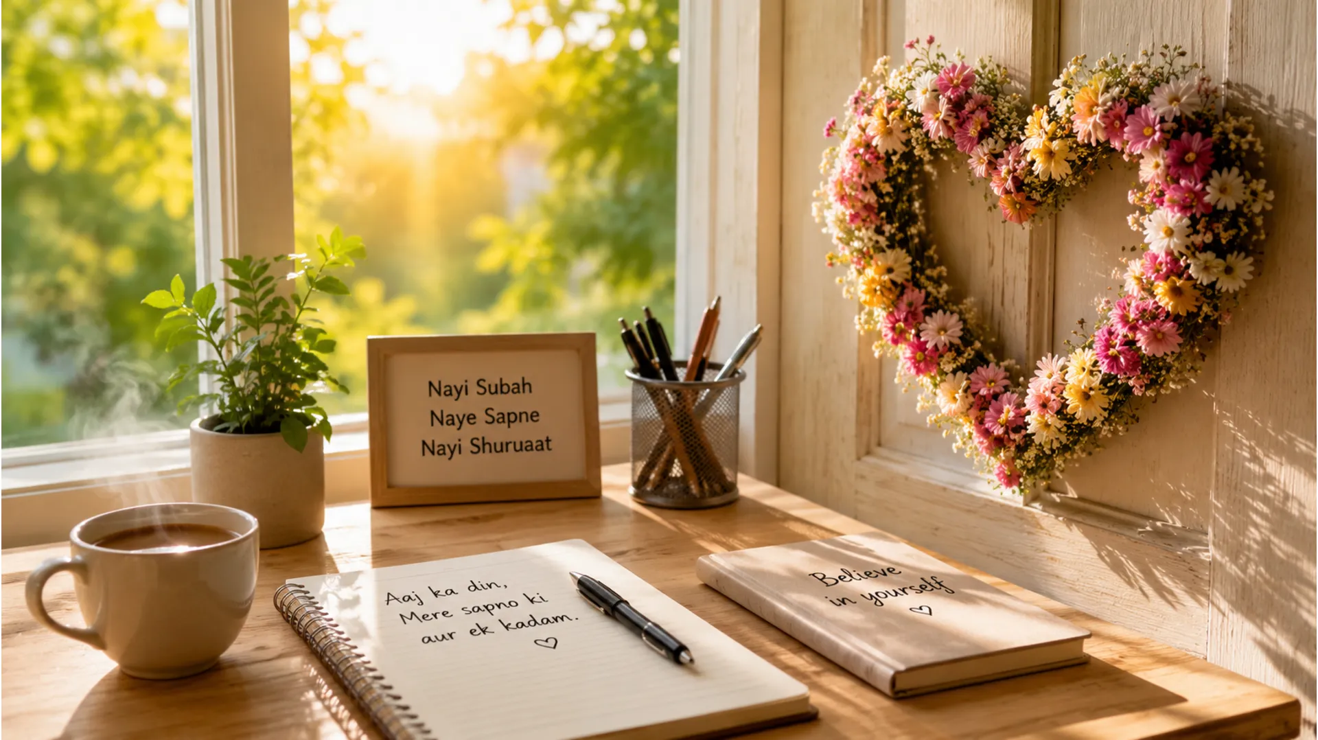 Aesthetic wooden desk setup with coffee and sunrise light for Hindi morning suvichar