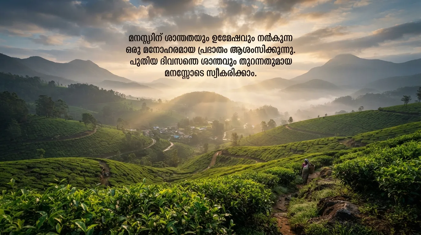 Scenic view of misty tea gardens in Munnar with a Malayalam motivational morning quote.