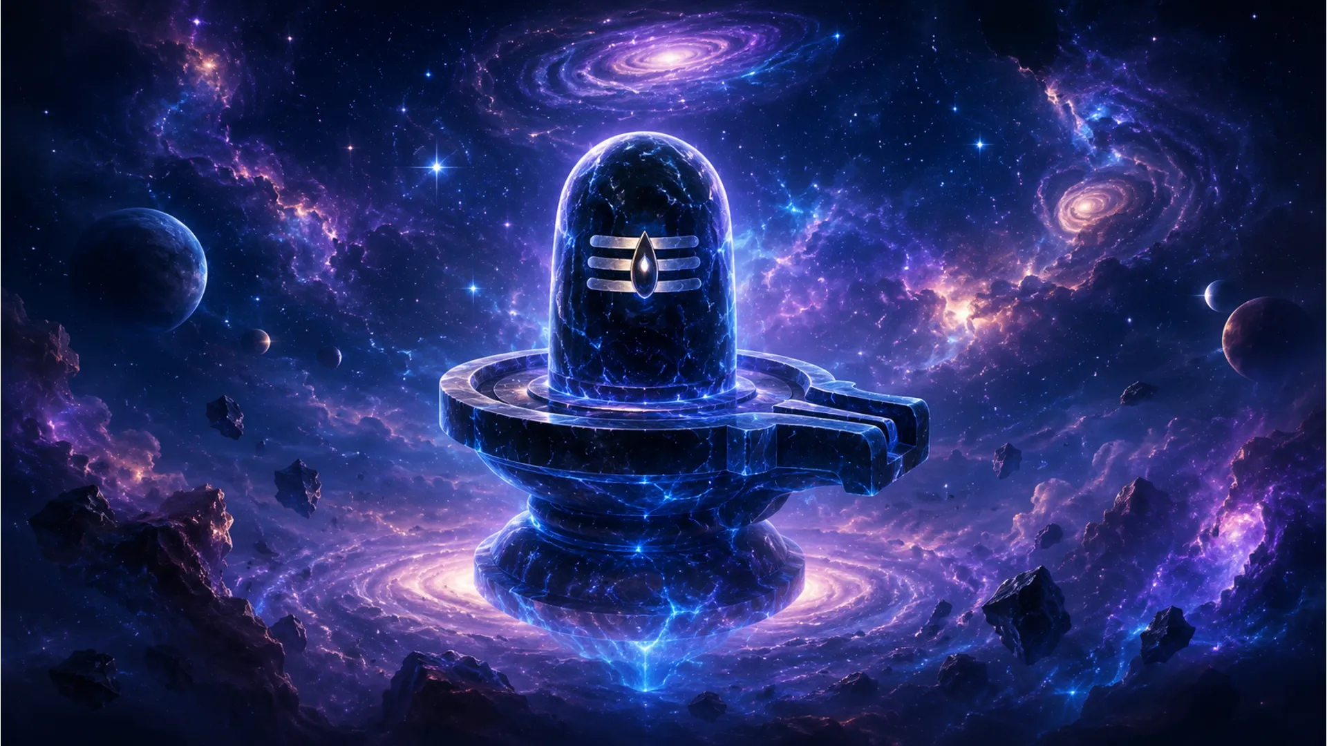 Abstract cosmic Shivling image representing infinite universal energy.