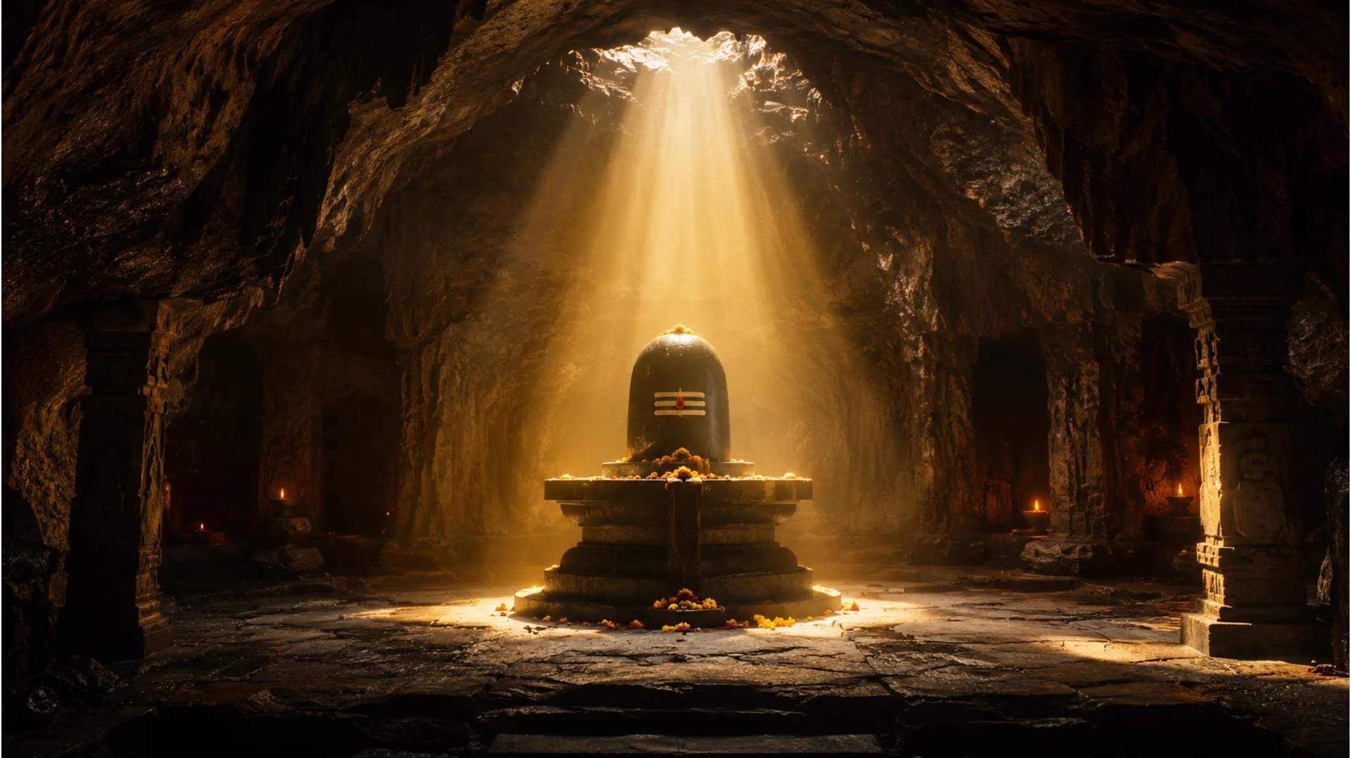 A dramatic full-HD photograph featuring a Shivling bathed in a shaft of sunlight within a dimly lit cave temple, highlighting its texture and spiritual energy.