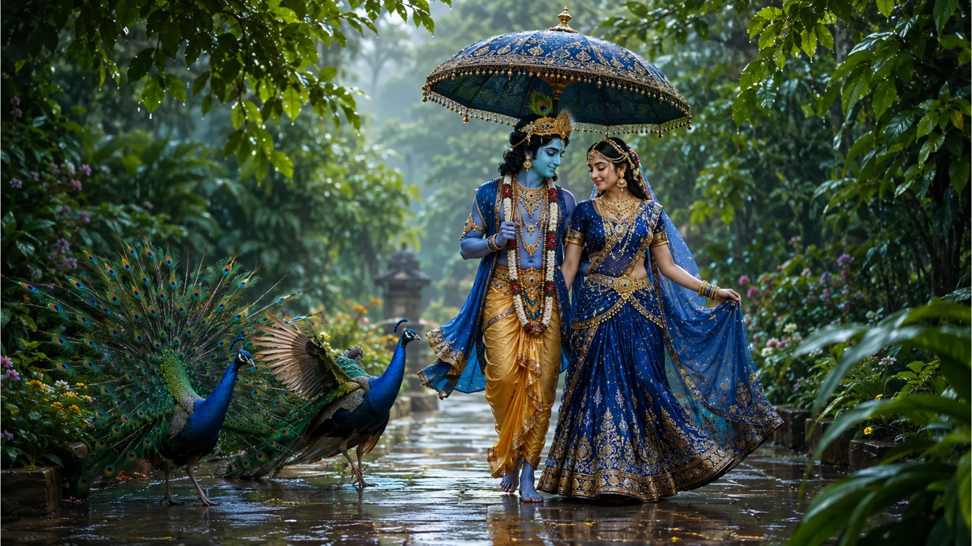 Romantic portrait of divine couple in nature walking through a rain-freshened forest with peacocks