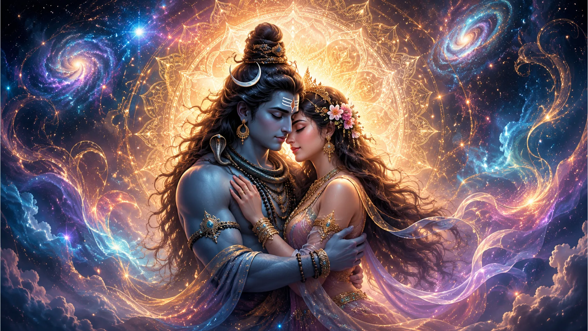 A profound illustration of the union of Shiva and Parvati, symbolizing the merging of the individual soul with the universal consciousness.