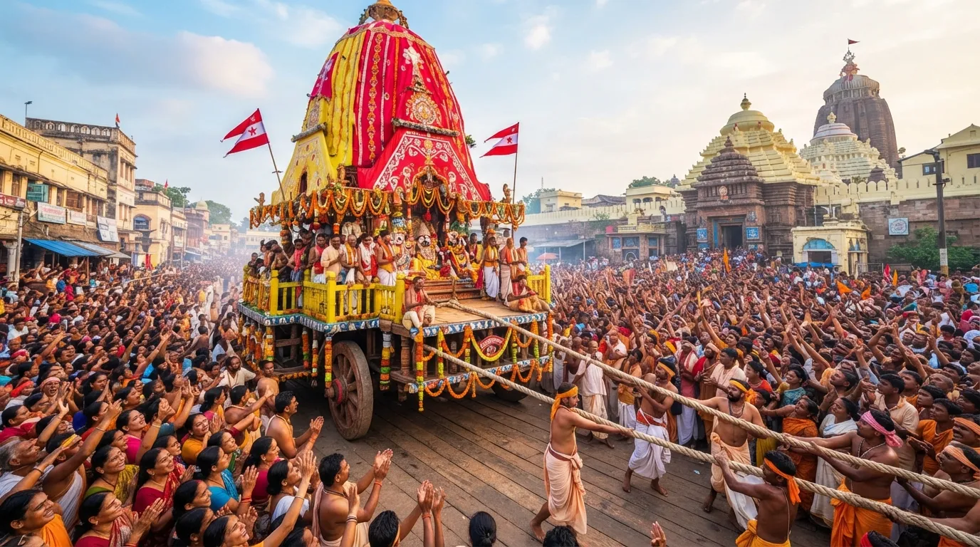 Nandighosha chariot of Lord Jagannath being pulled by devotees in Puri.