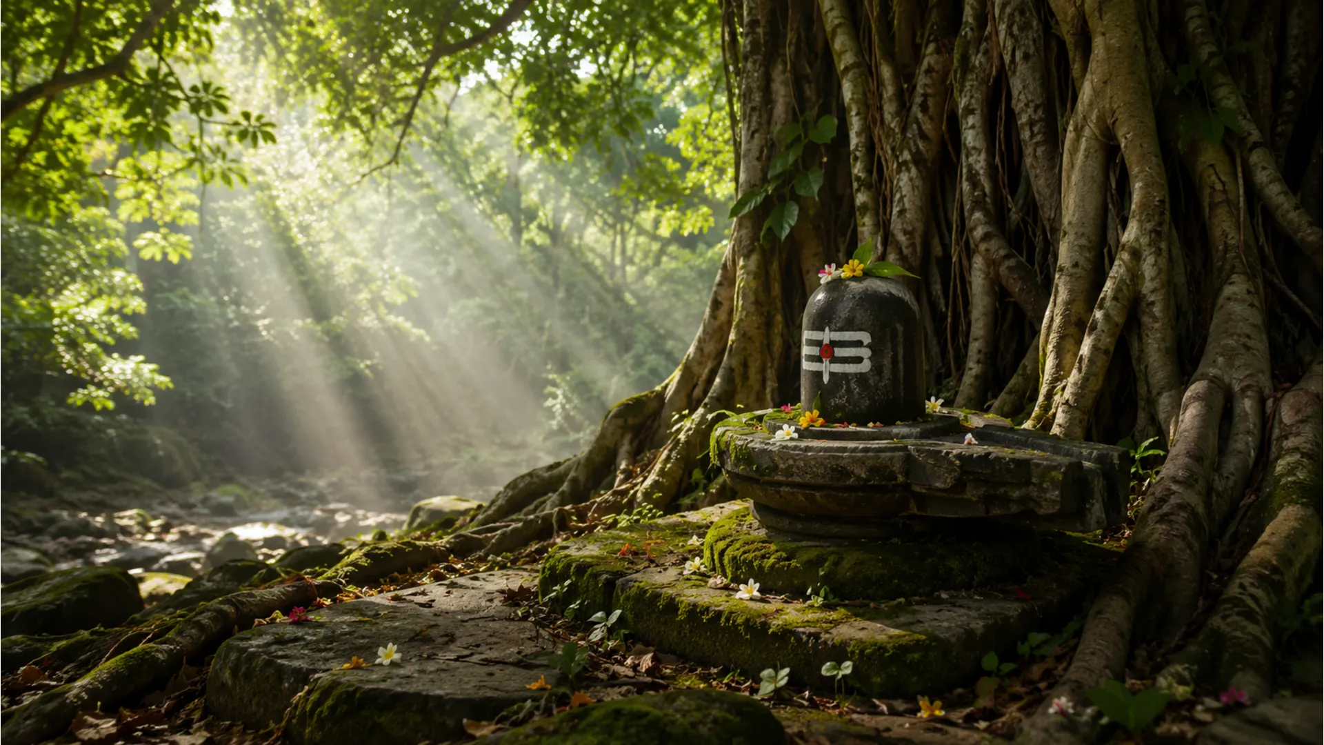 Ancient stone shivling placed under a large banyan tree with sunbeams filtering through leaves.