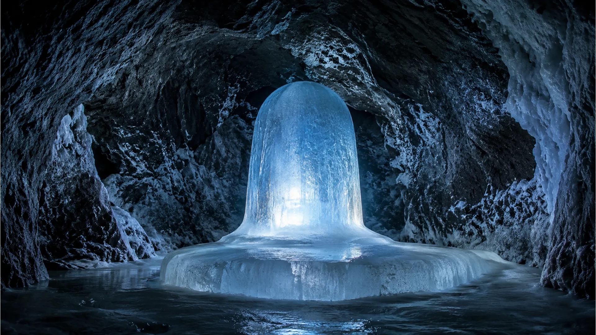 Full HD image of the sacred natural ice Shivling inside a holy cave.