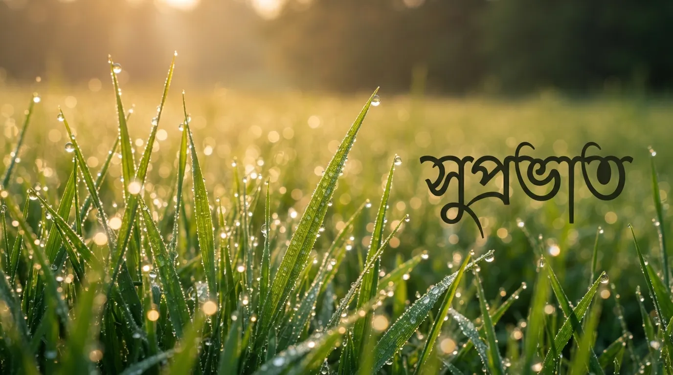 Close-up of fresh green grass covered in morning dewdrops reflecting sunlight with Bangla morning text.