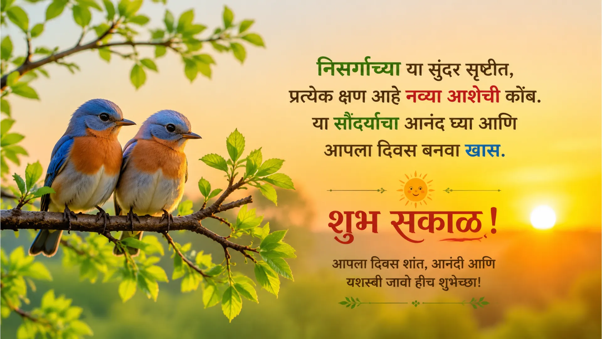 Birds sitting on a tree branch during sunrise with Marathi text