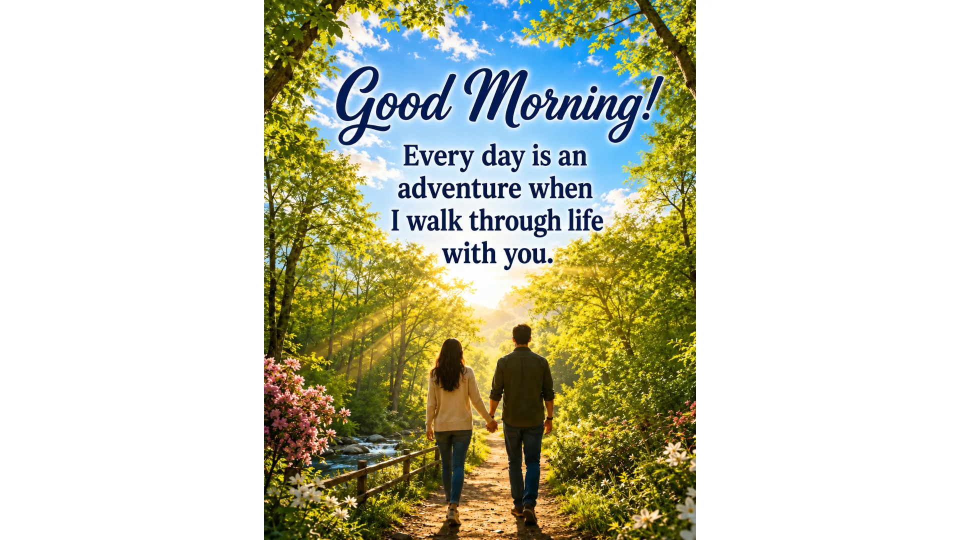 A nature-themed good morning love image featuring a couple walking down a sunlit forest path.