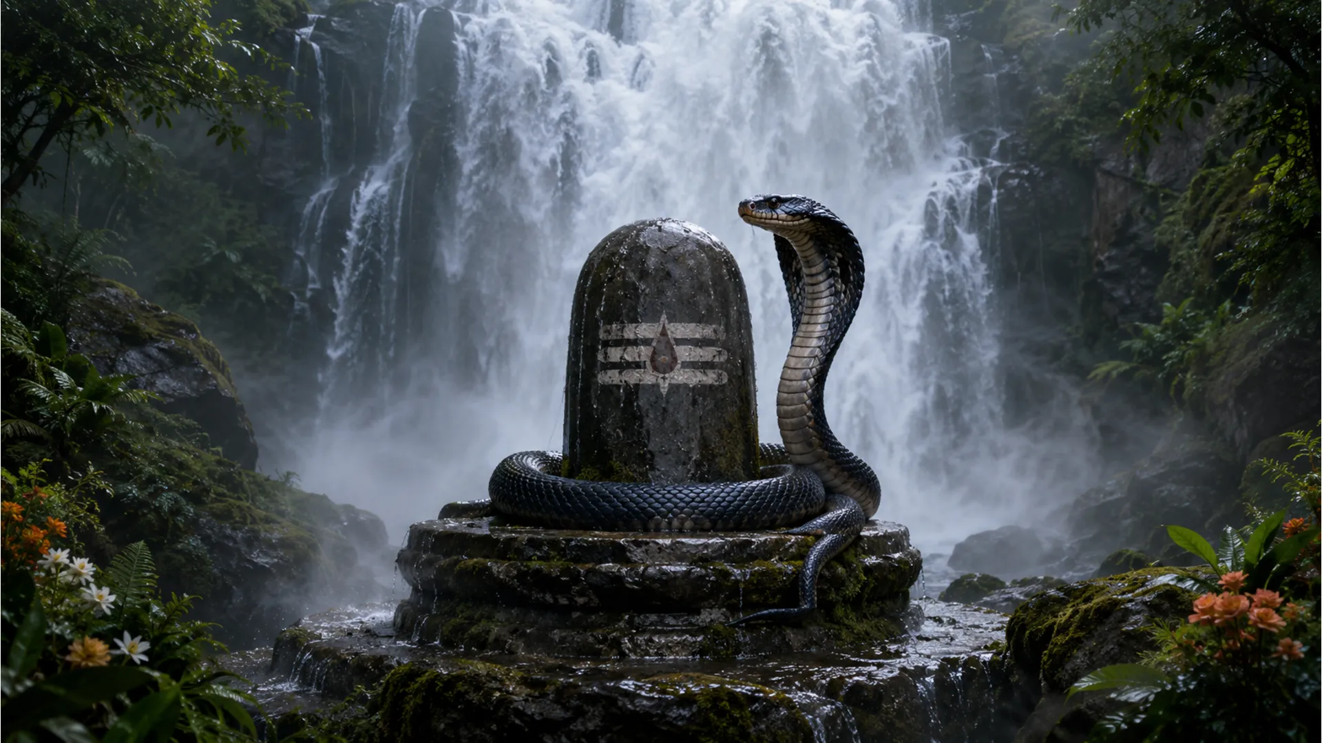 A stone Shivling placed near a powerful, scenic waterfall surrounded by lush green forests and a wild cobra.