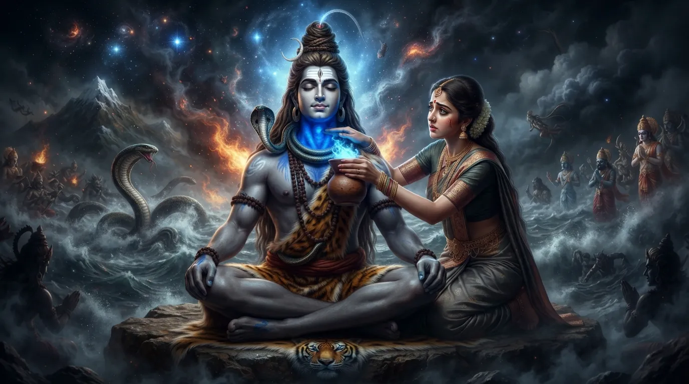 Lord Shiva as Neelkanth, drinking the Halahala poison to save the universe.