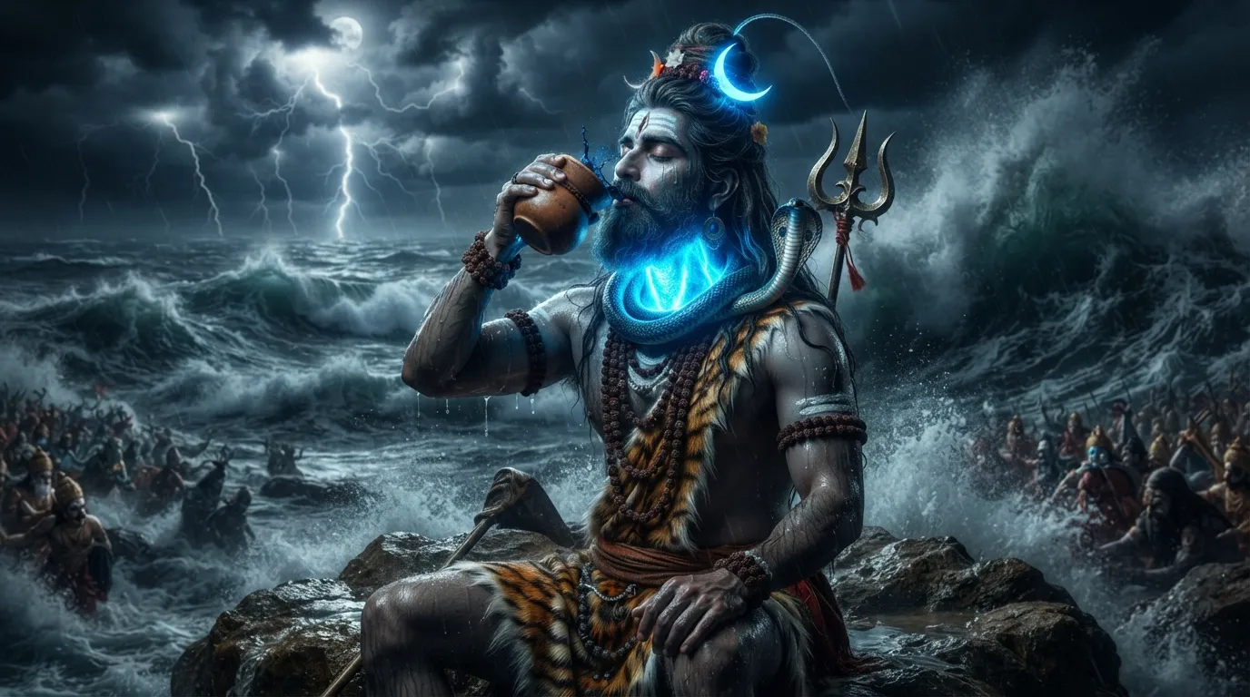 Lord Shiva as Neelkanth drinking the blue toxic Halahala poison during Samudra Manthan, 1080p Mahadev HD wallpaper 4k.
