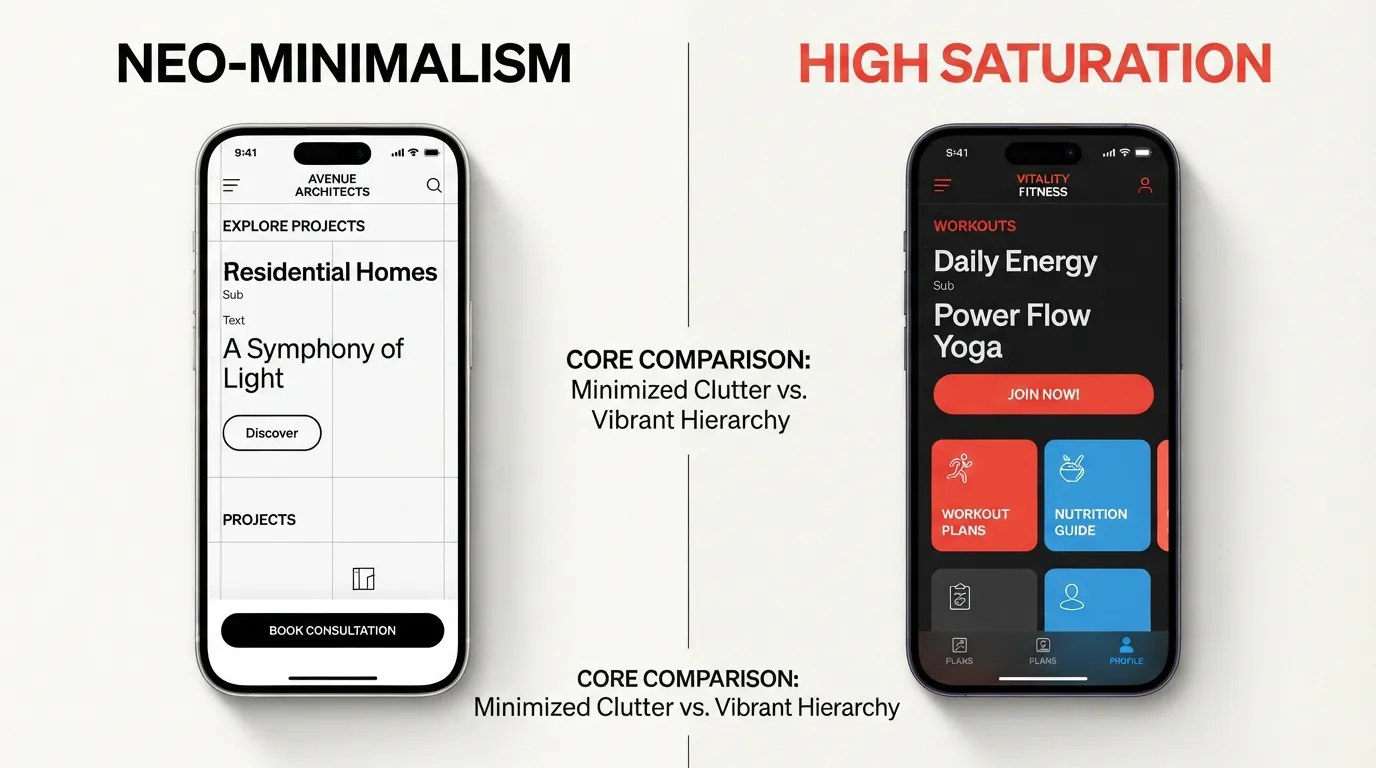 A modern UI layout featuring neo-minimalism with high-contrast electric red and cobalt blue accent colors on clean, generous whitespace.