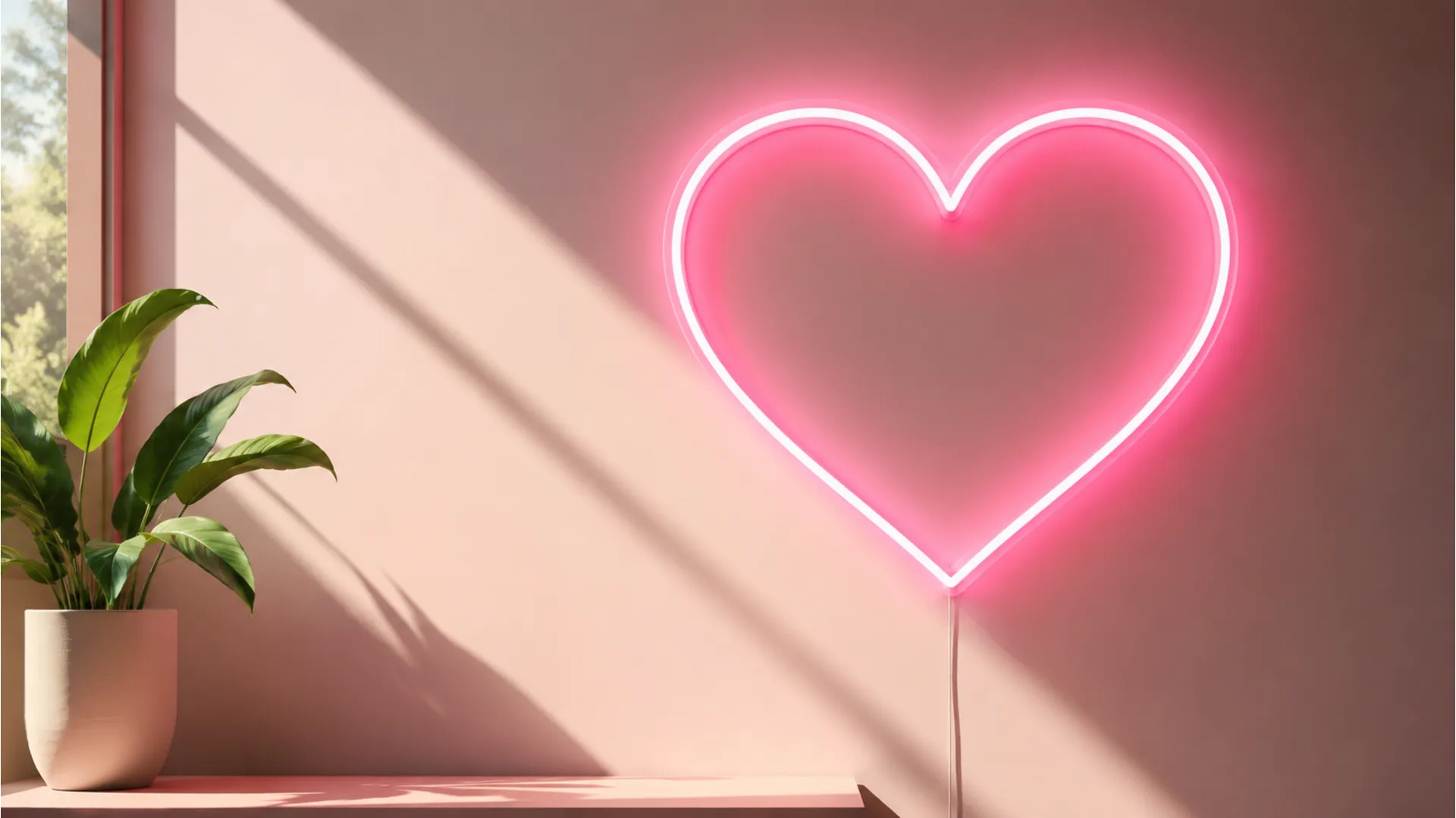 Minimalist glowing pink neon heart light on a pastel wall illuminated by morning sunshine.