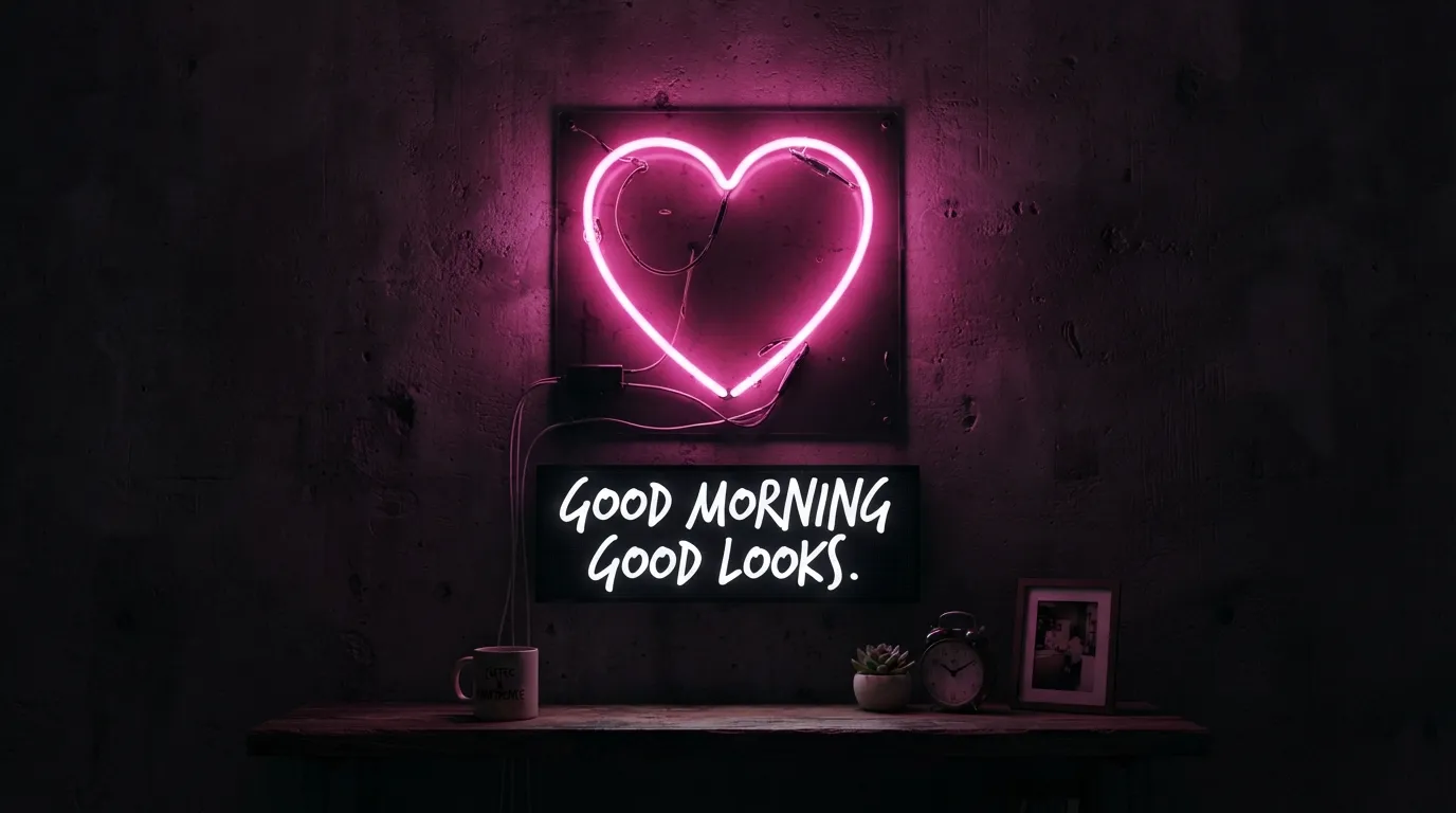 A glowing pink neon heart sign on a dark wall with digital text Good Morning Good Looks.
