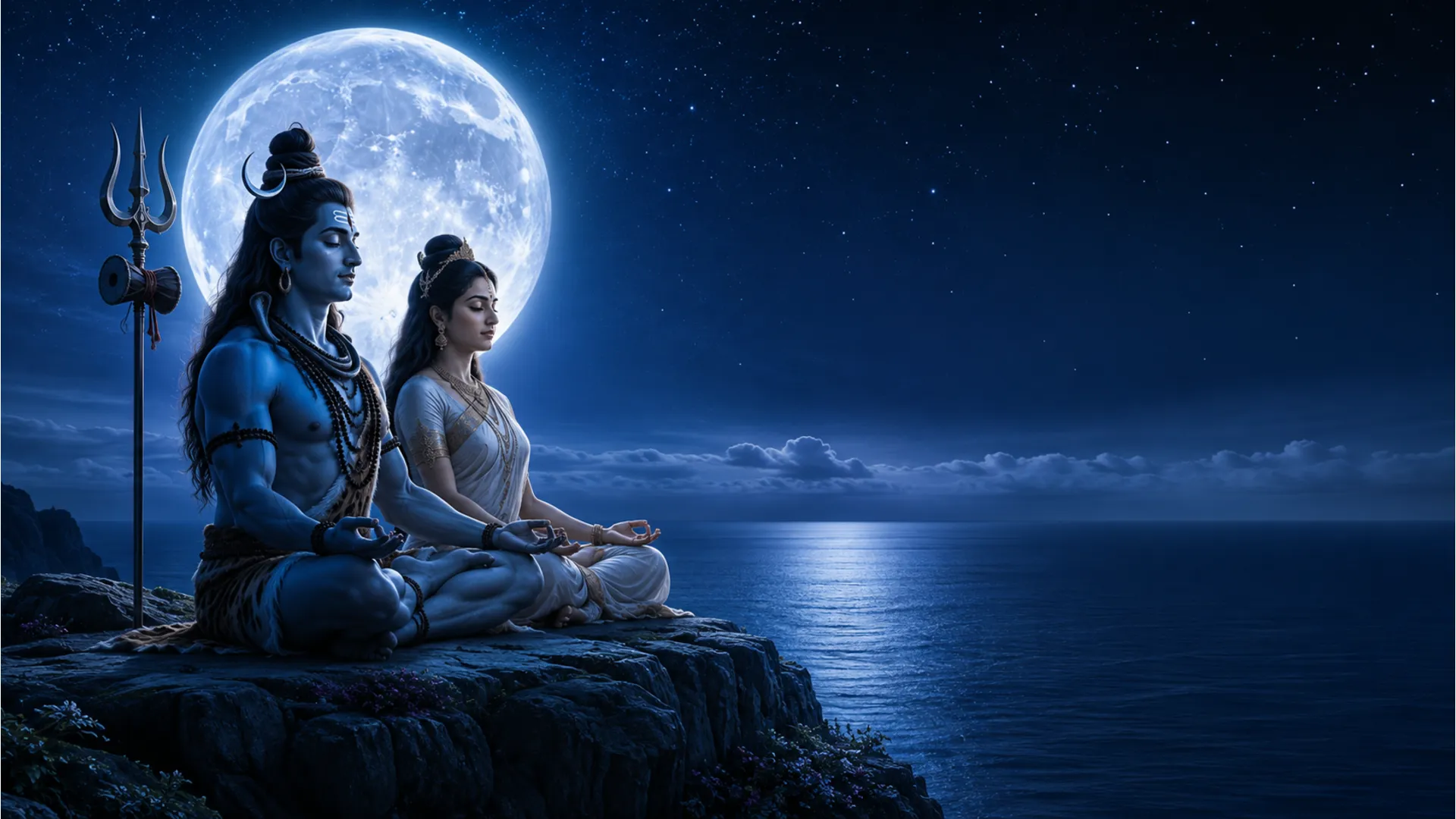 Beautiful digital painting of Shiva and Parvati meditating under the light of a massive full moon over a calm ocean.