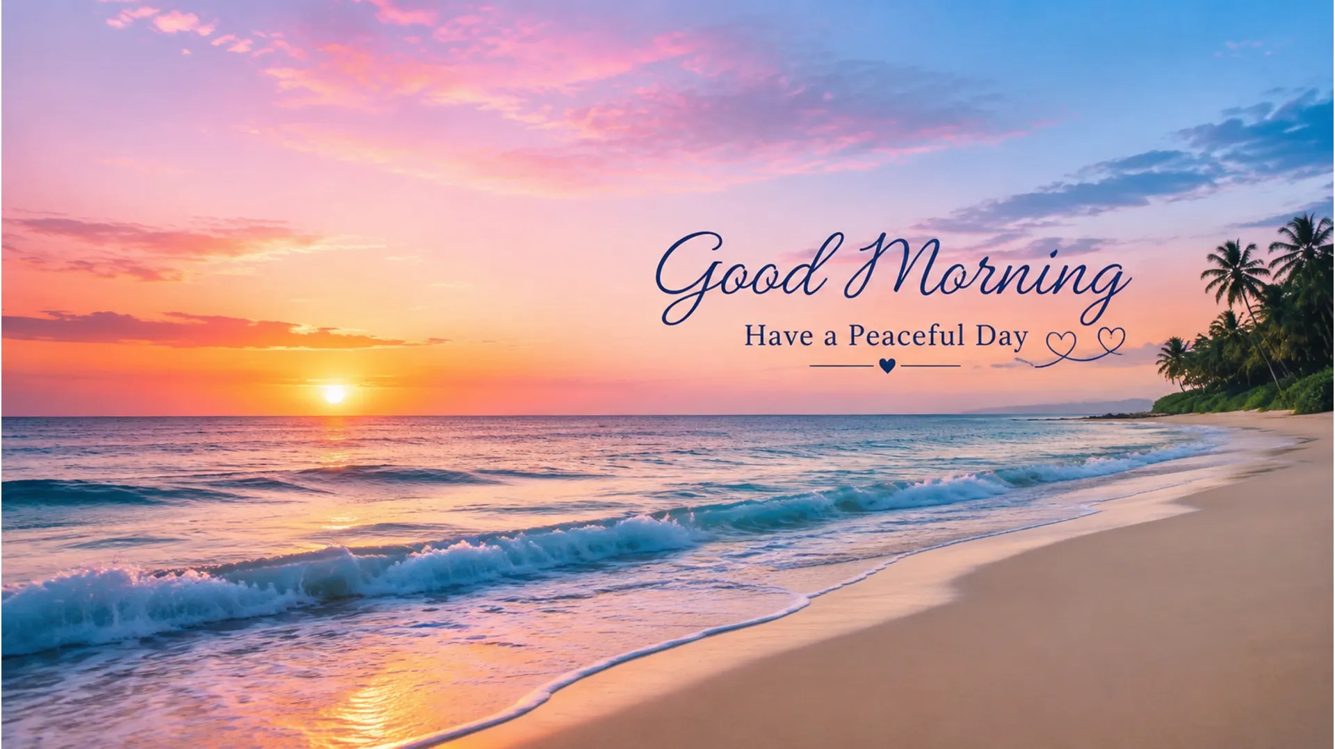 Beautiful good morning ocean image showing a peaceful beach sunrise with soft waves.