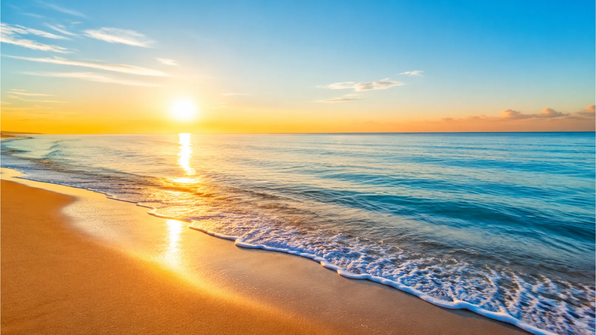 Calm ocean wave on a sandy beach under morning sunlight happy sunday background
