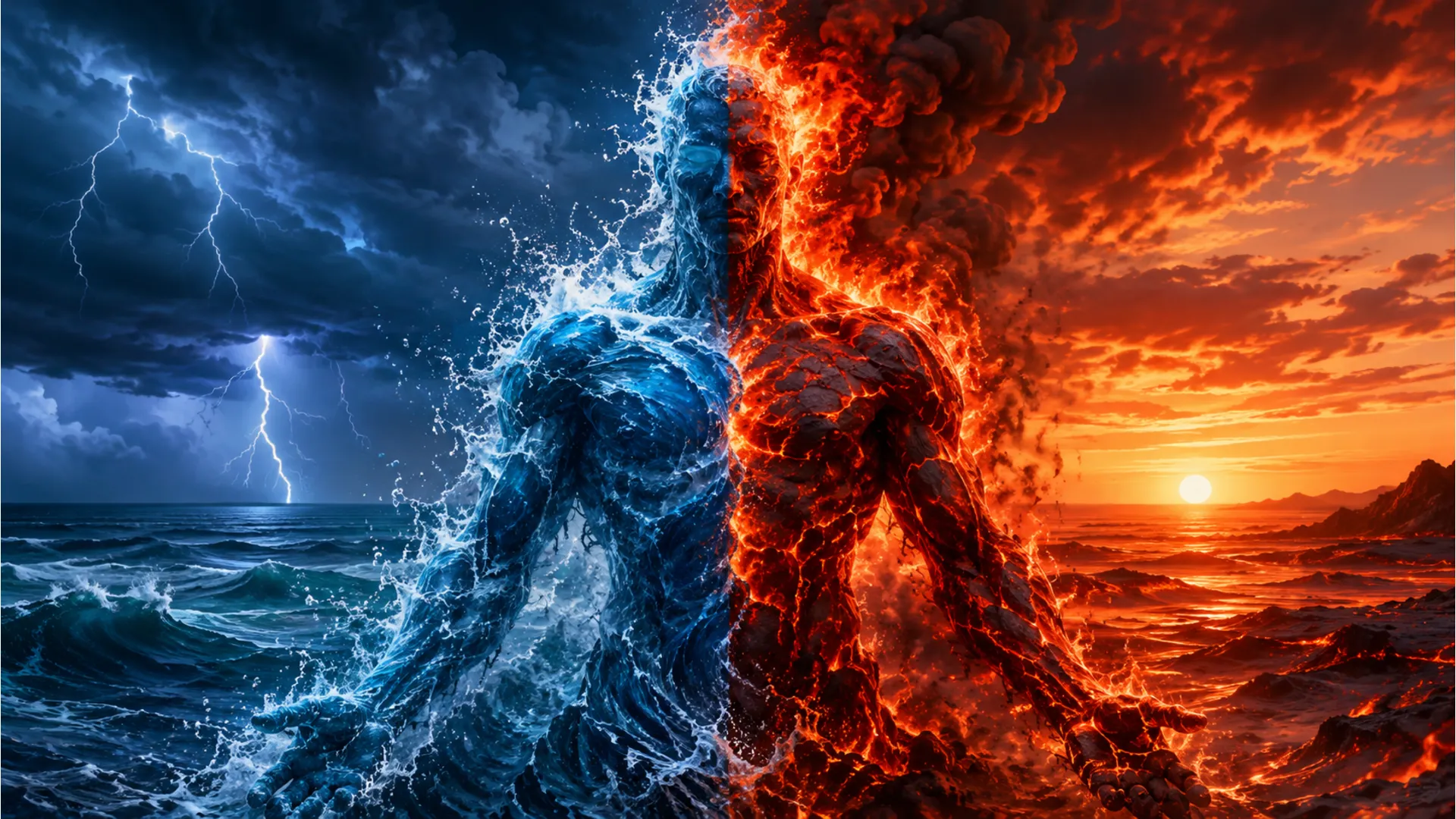 Split mystical figure made of deep blue ocean water and glowing volcanic lava