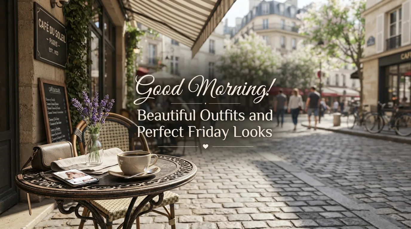 An outdoor European cafe seating with a morning vibe and Friday greeting.