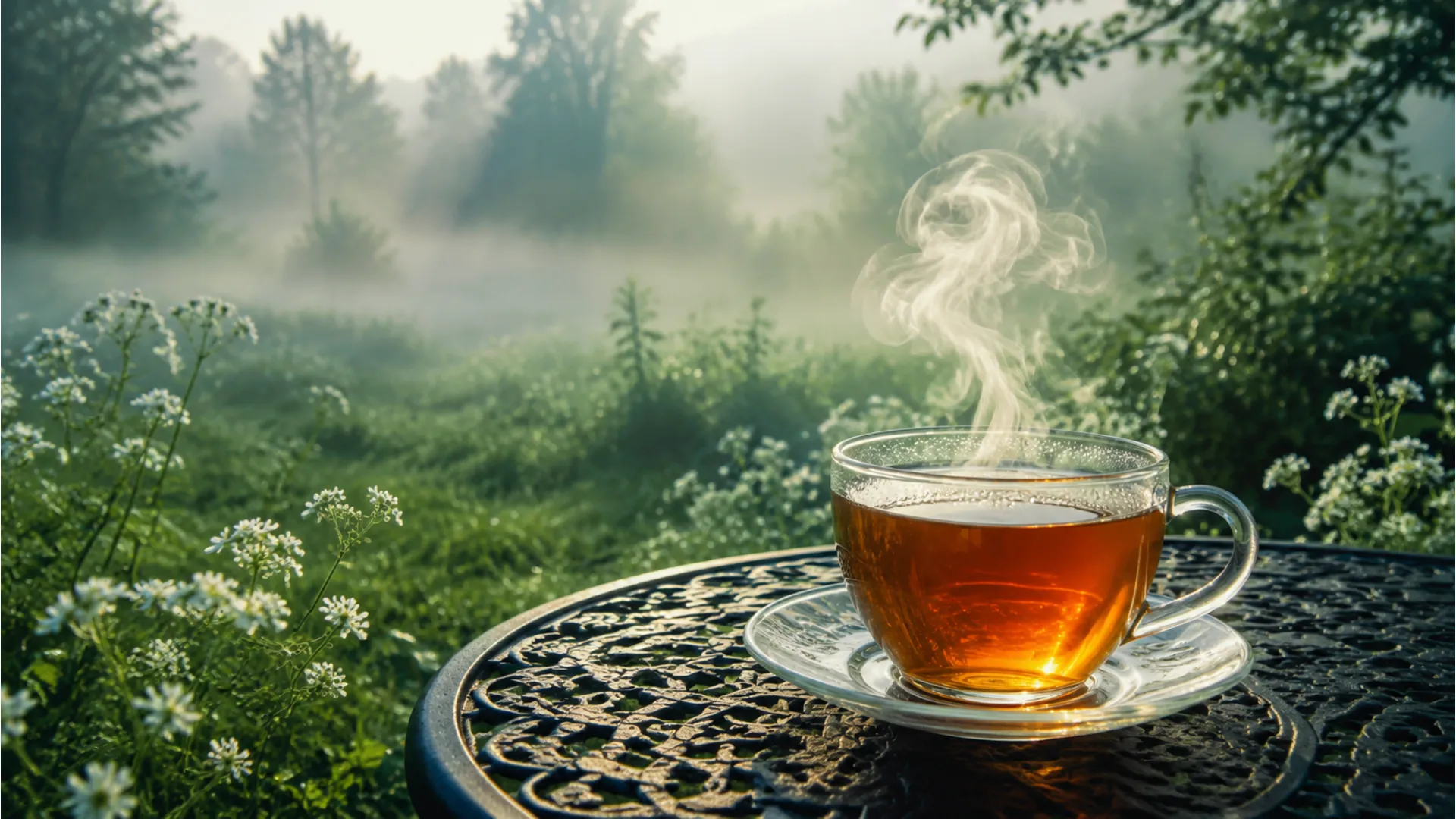 A cup of steaming hot tea in a misty green garden for today good morning images.