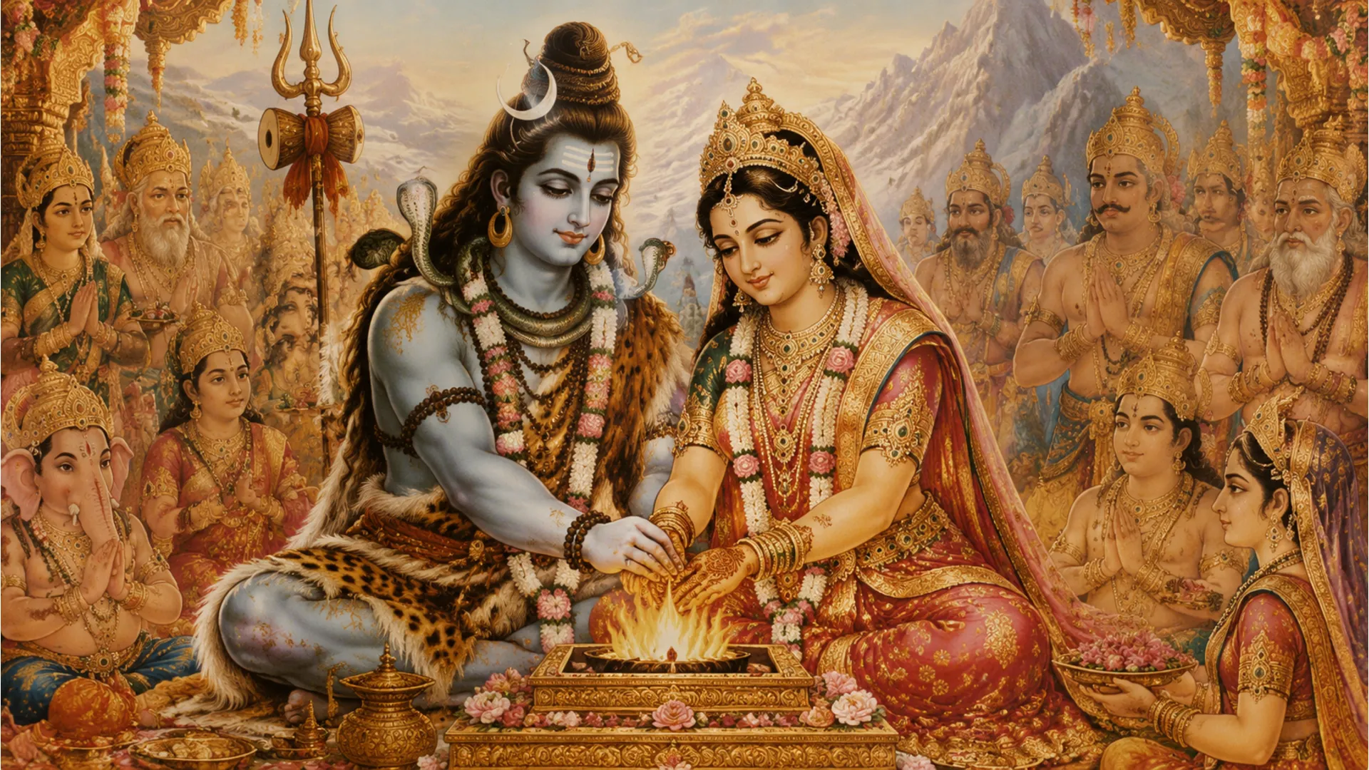 Shiv Parvati Pahari painting chhavi, a traditional depiction of their wedding.