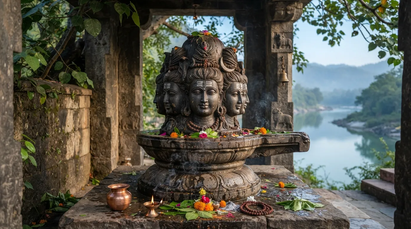 A detailed high-definition bholenath ke photo of a traditional dark basalt Panchmukhi Shivling in an open-air shrine.