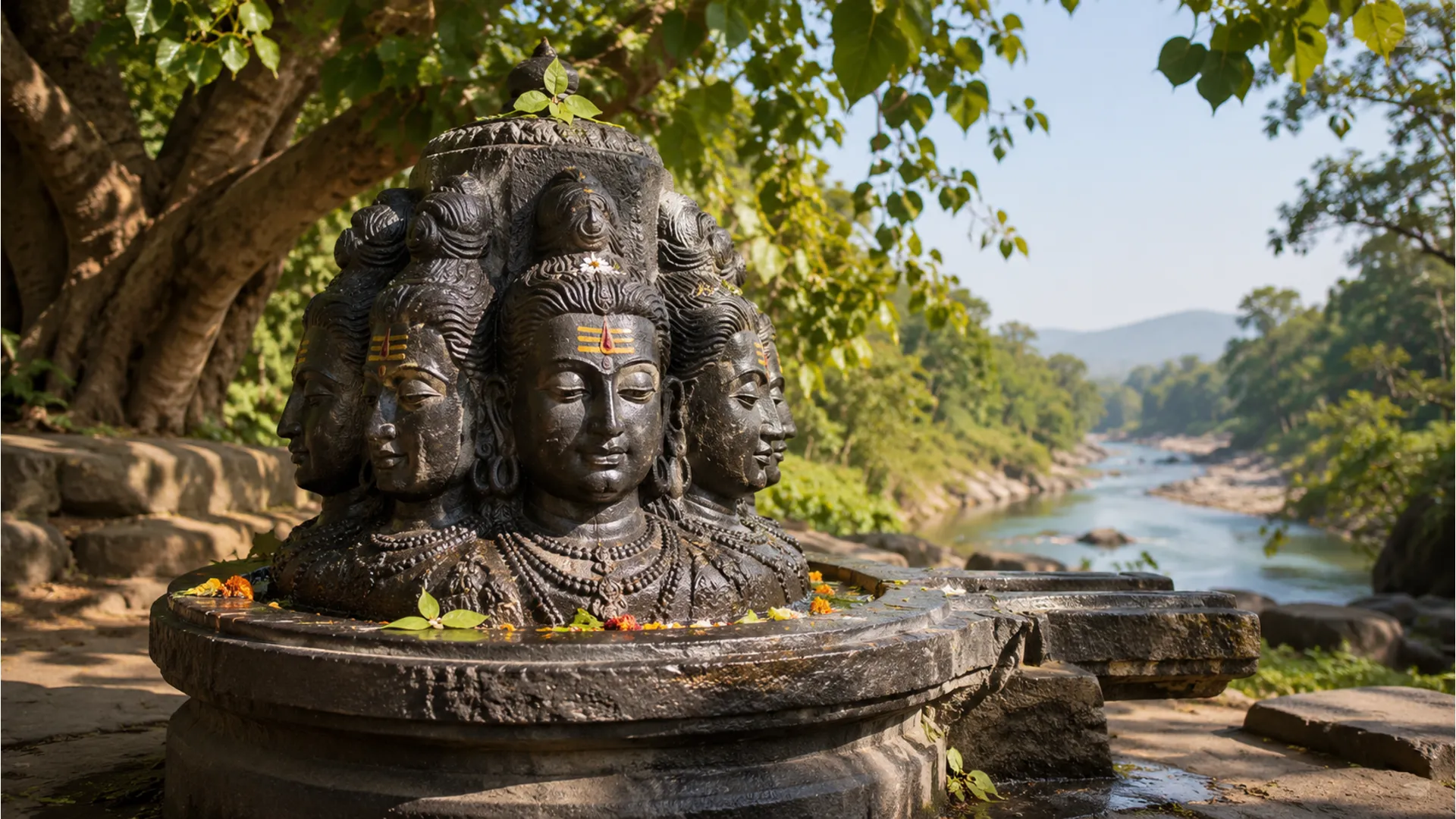 A high-definition photo of a traditional dark basalt Panchmukhi Shivling, depicting five faces of Lord Shiva, situated in a sacred open-air nature shrine.