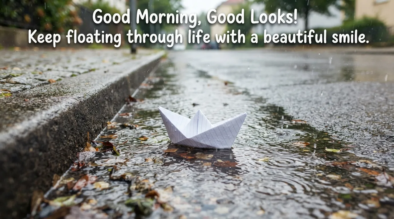A small white paper boat floating in a rainwater stream with morning wishes.