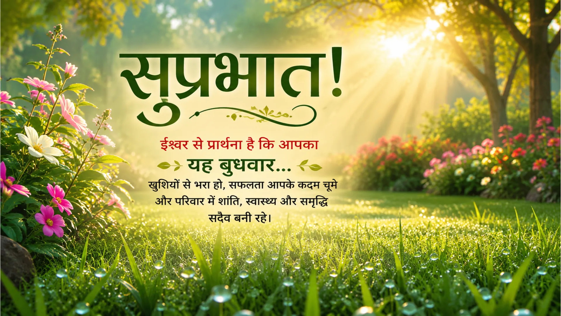 Family-friendly good morning wednesday Hindi image with green trees and morning dew.