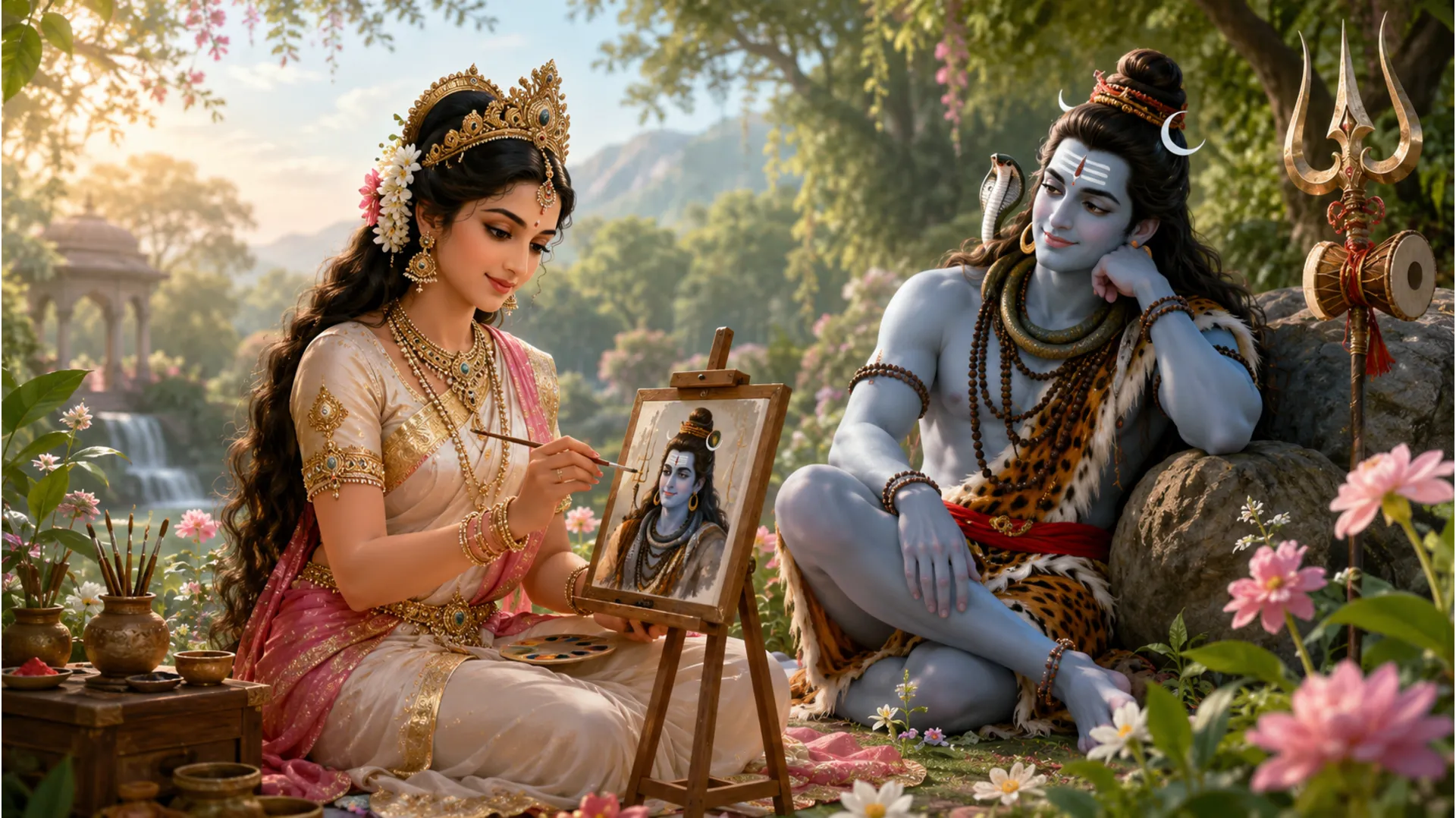 Unique image of Goddess Parvati painting a portrait of Lord Shiva