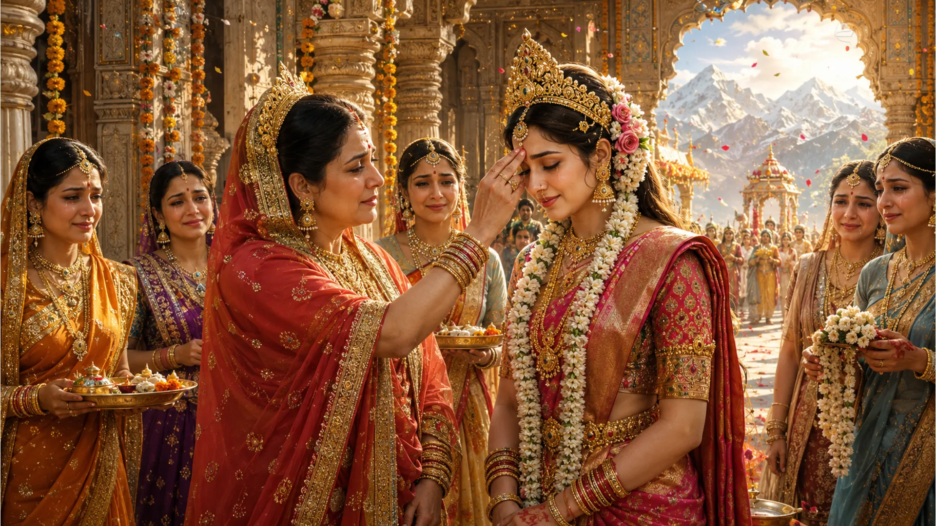 Goddess Parvati in exquisite bridal attire receiving blessings before leaving for her wedding to Lord Shiva. HD image.