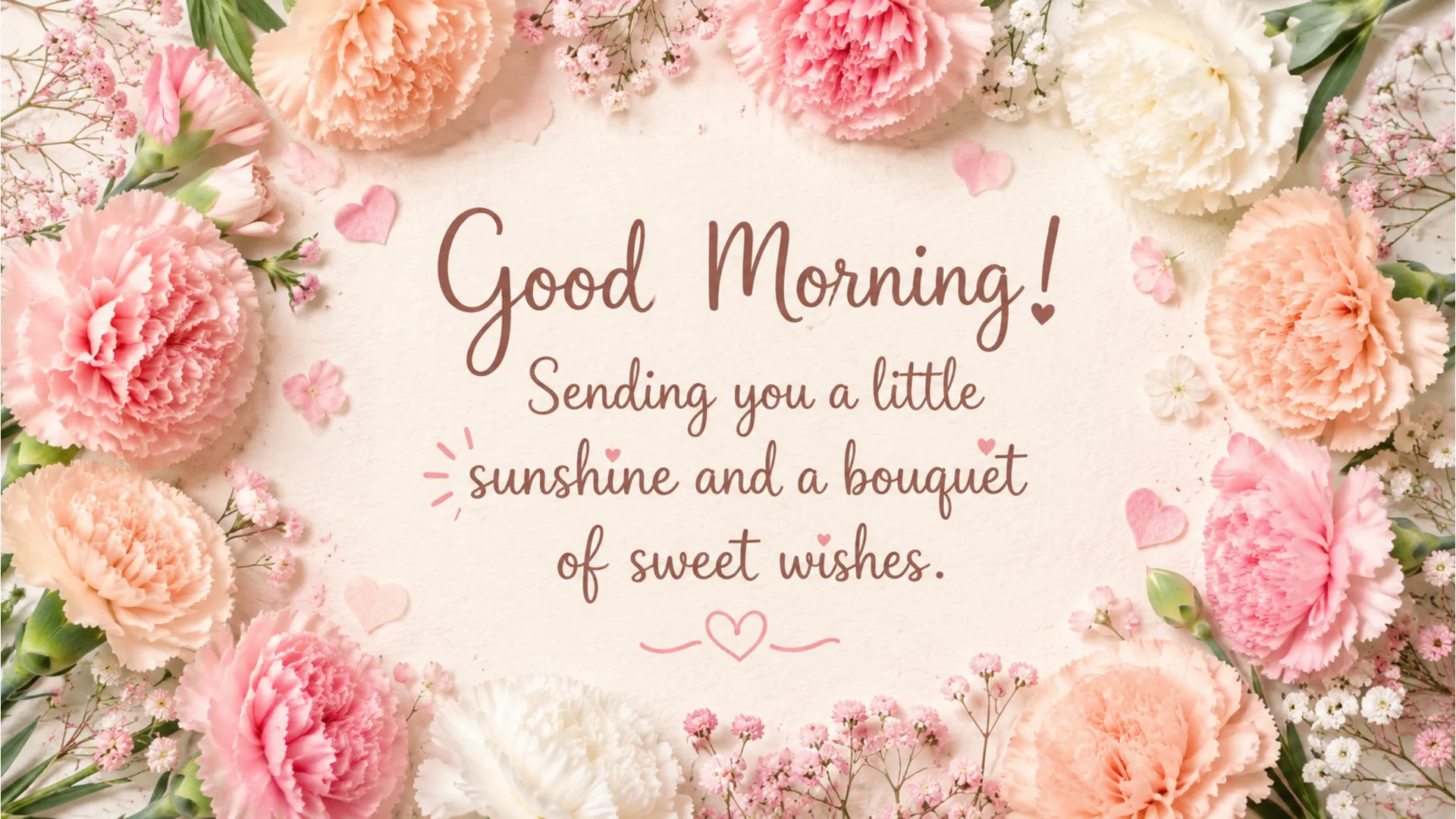 Flat lay of pastel pink and peach carnations with sweet morning wish